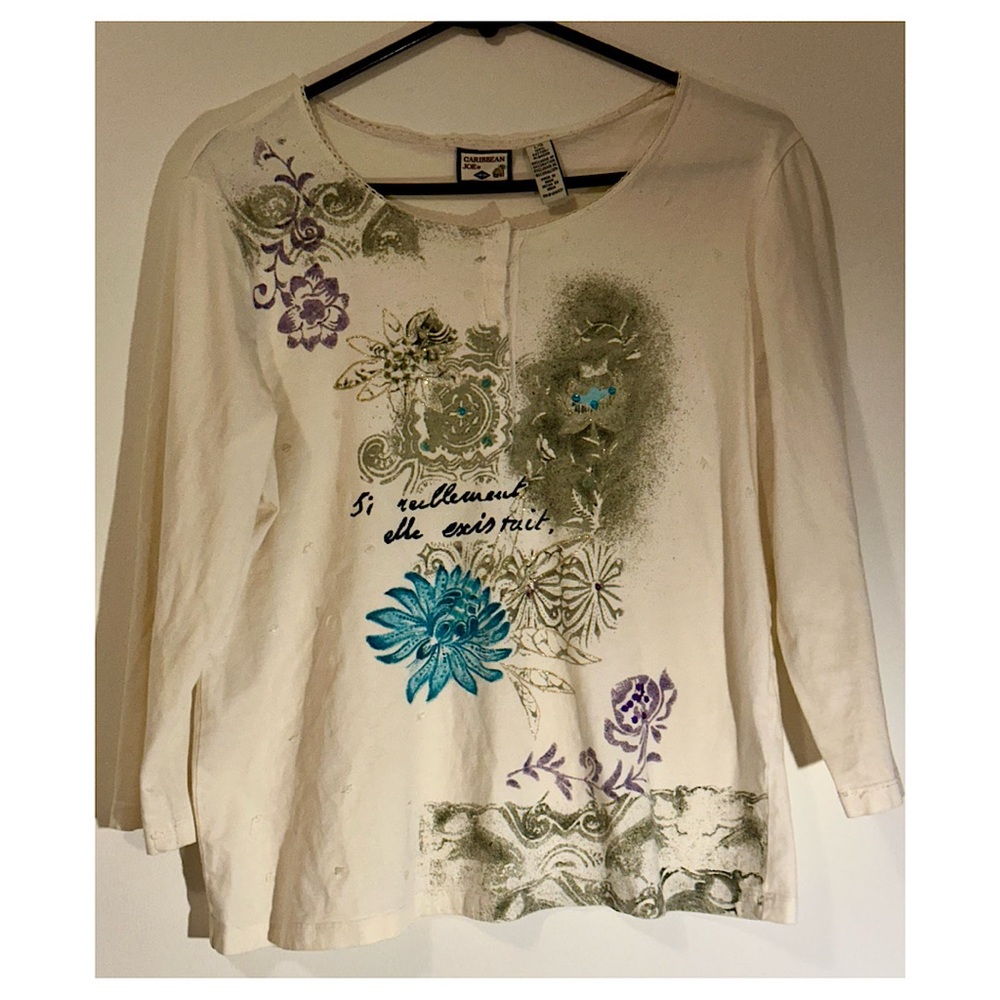 Caribbean Joe Floral Graphic Top French Script Cream 3/4 Sleeve Women’s Large